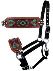 Showman Nylon bronc halter with turquoise and burgundy Navajo beaded design